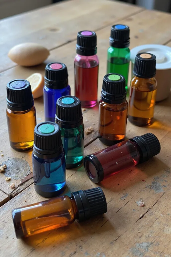 Assortiment de flacons rollers en verre contenant des huiles essentielles vibrantes, prêts à l'emploi, posés sur une table en bois