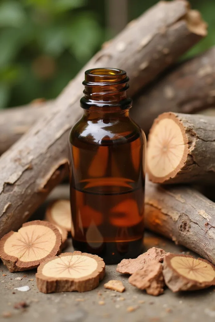 Bouteille en verre d'huile essentielle de cèdre entourée de copeaux de cèdre, illustrant la qualité naturelle du produit.