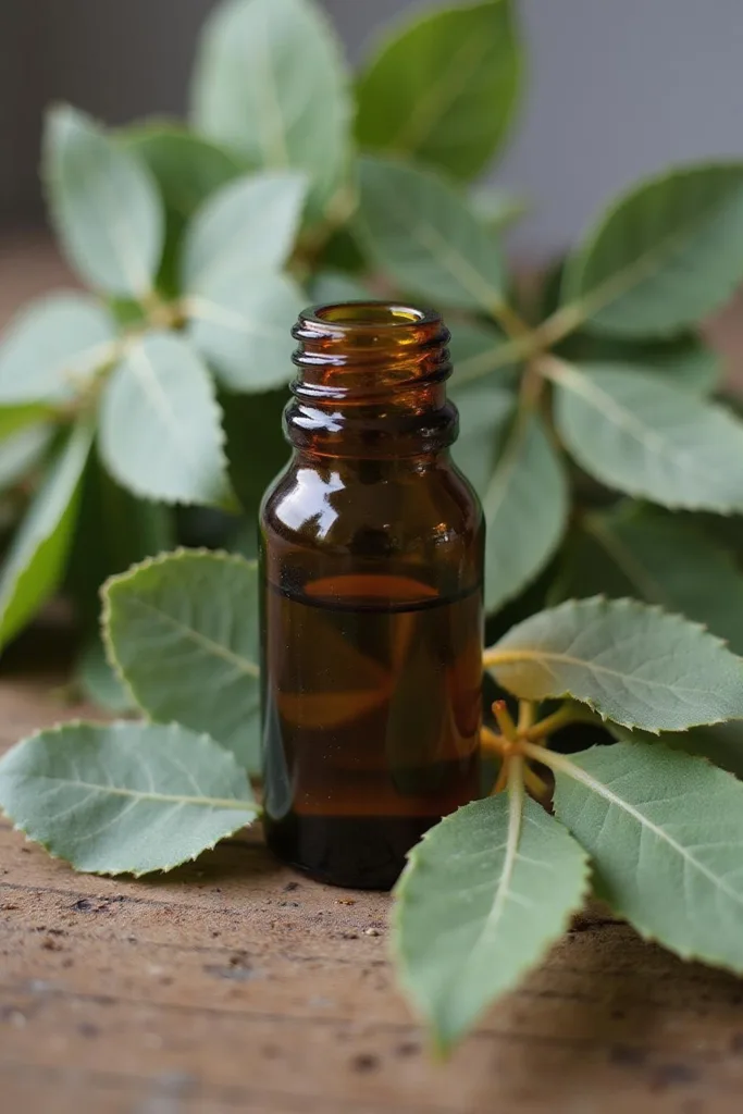Huile essentielle d'eucalyptus avec des feuilles d'eucalyptus fraîches, idéale pour soulager le rhume