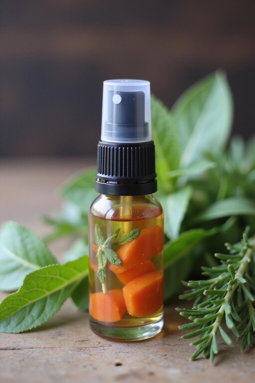 Flacon doseur en roller avec un mélange d’huiles essentielles pour soulager les allergies, posé sur une table en bois entourée d'herbes