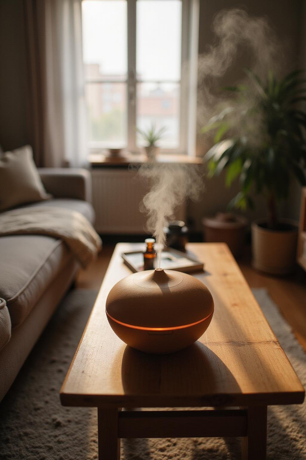Diffusion d'huiles essentielles pour soulager les maux de tête dans un salon serein.