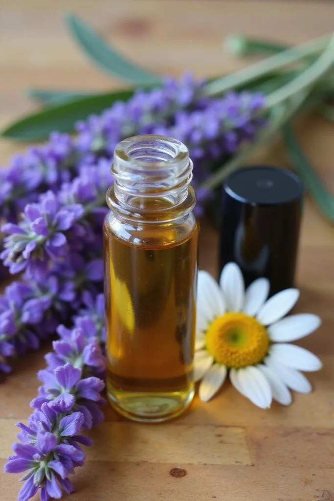 Flacon en rouleau d'huile essentielle contenant un mélange pour l'équilibre hormonal, entouré de fleurs de lavande et de camomille
