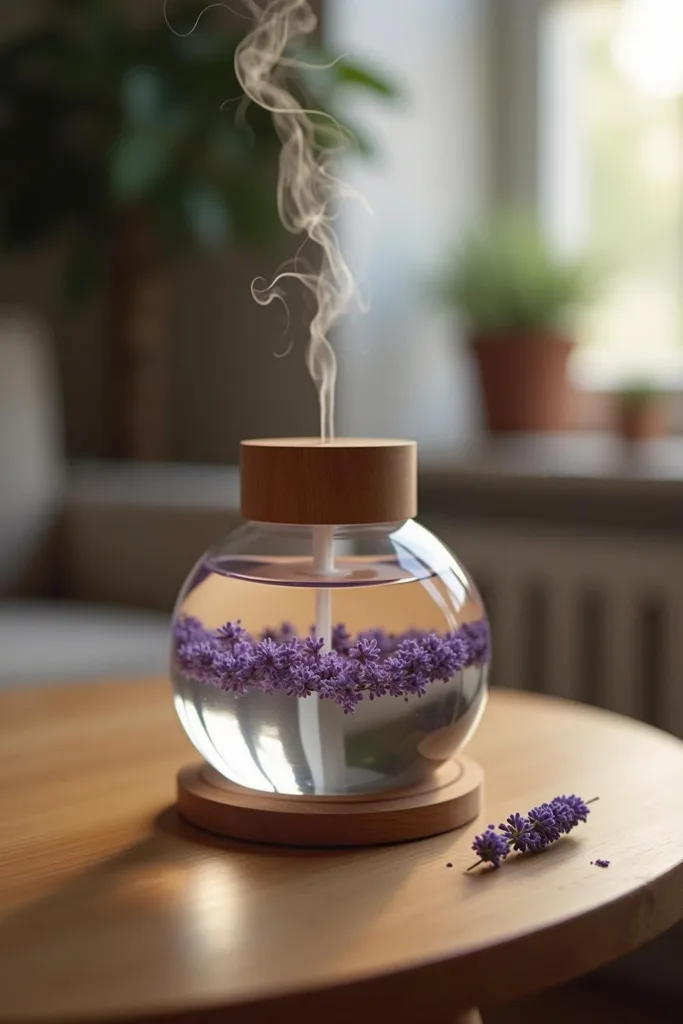 Diffuseur avec huile essentielle de lavande émettant une vapeur apaisante dans un cadre cosy