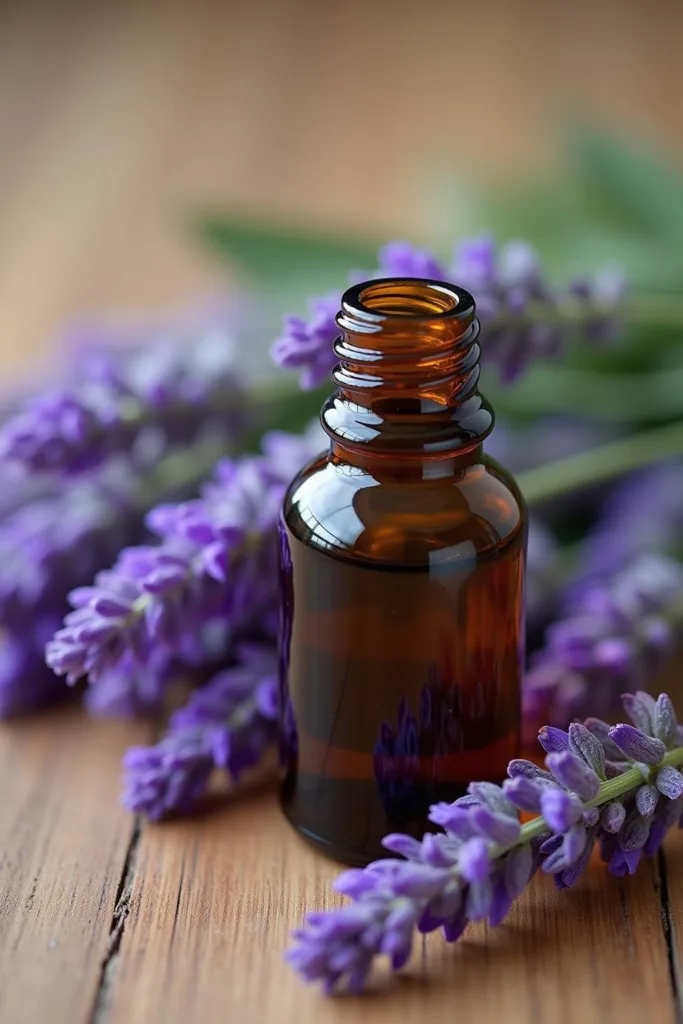 Huile essentielle de lavande dans une bouteille en verre avec des fleurs de lavande, pour favoriser la détente et un sommeil réparateur