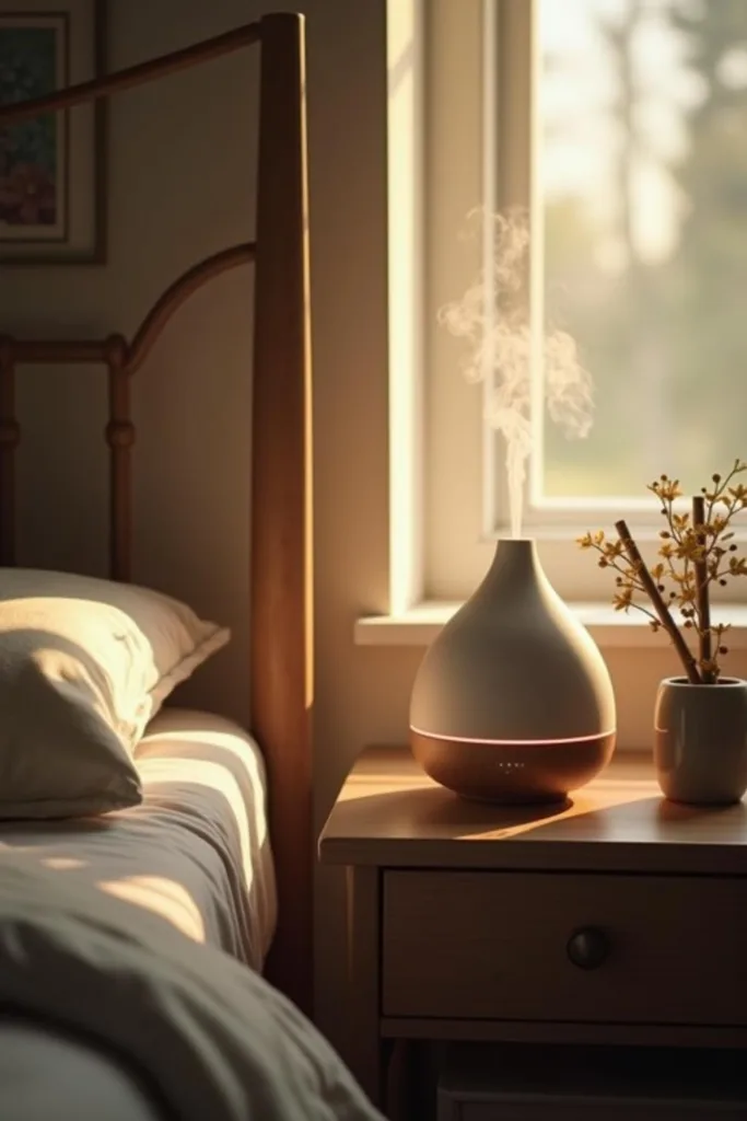 Diffuseur diffusant des huiles essentielles dans une chambre paisible, favorisant un sommeil réparateur