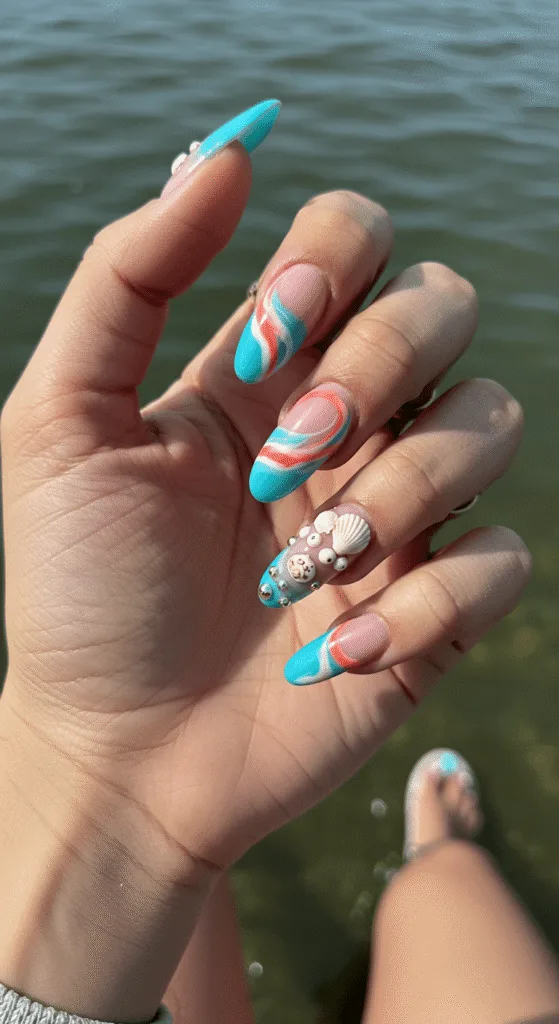 Manucure estivale tendance avec des couleurs vives et des motifs tropicaux pour 2025