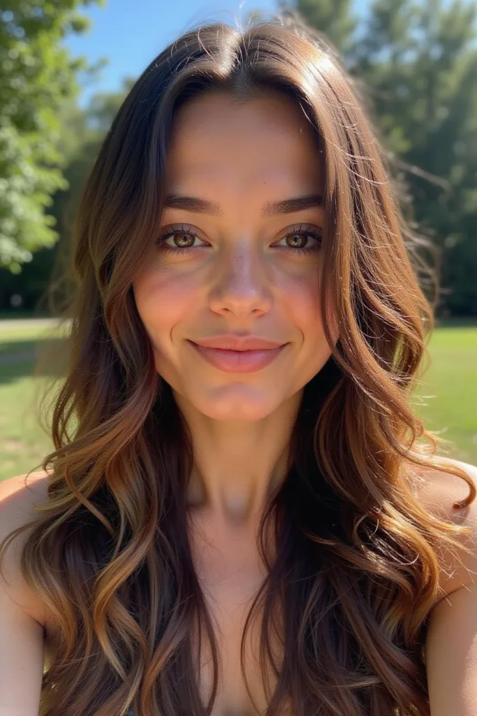 Femme brune aux mèches ensoleillées et cheveux longs, profitant d'une journée d'été en extérieur