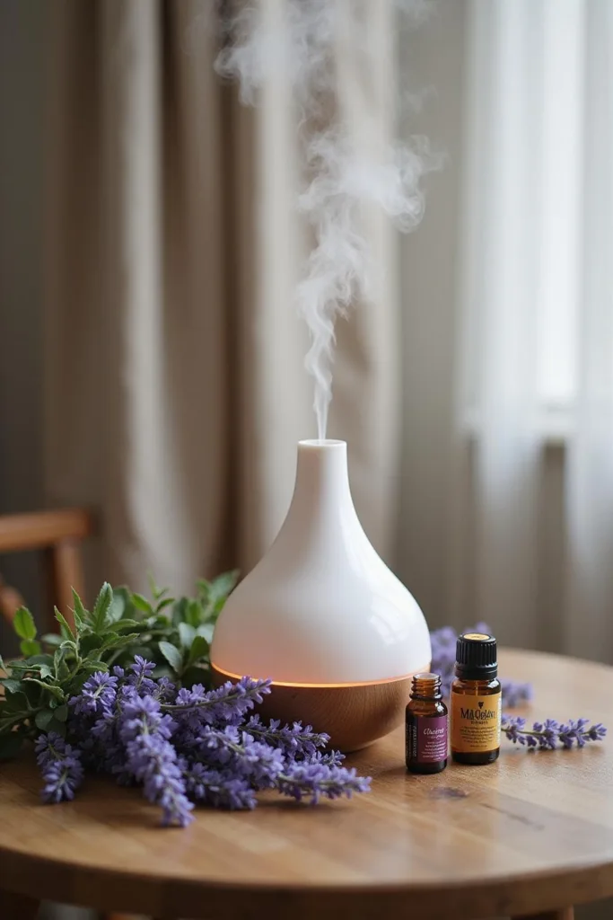 Diffuseur avec brume et huiles essentielles aux fleurs de lavande, parfait pour la détente et la relaxation