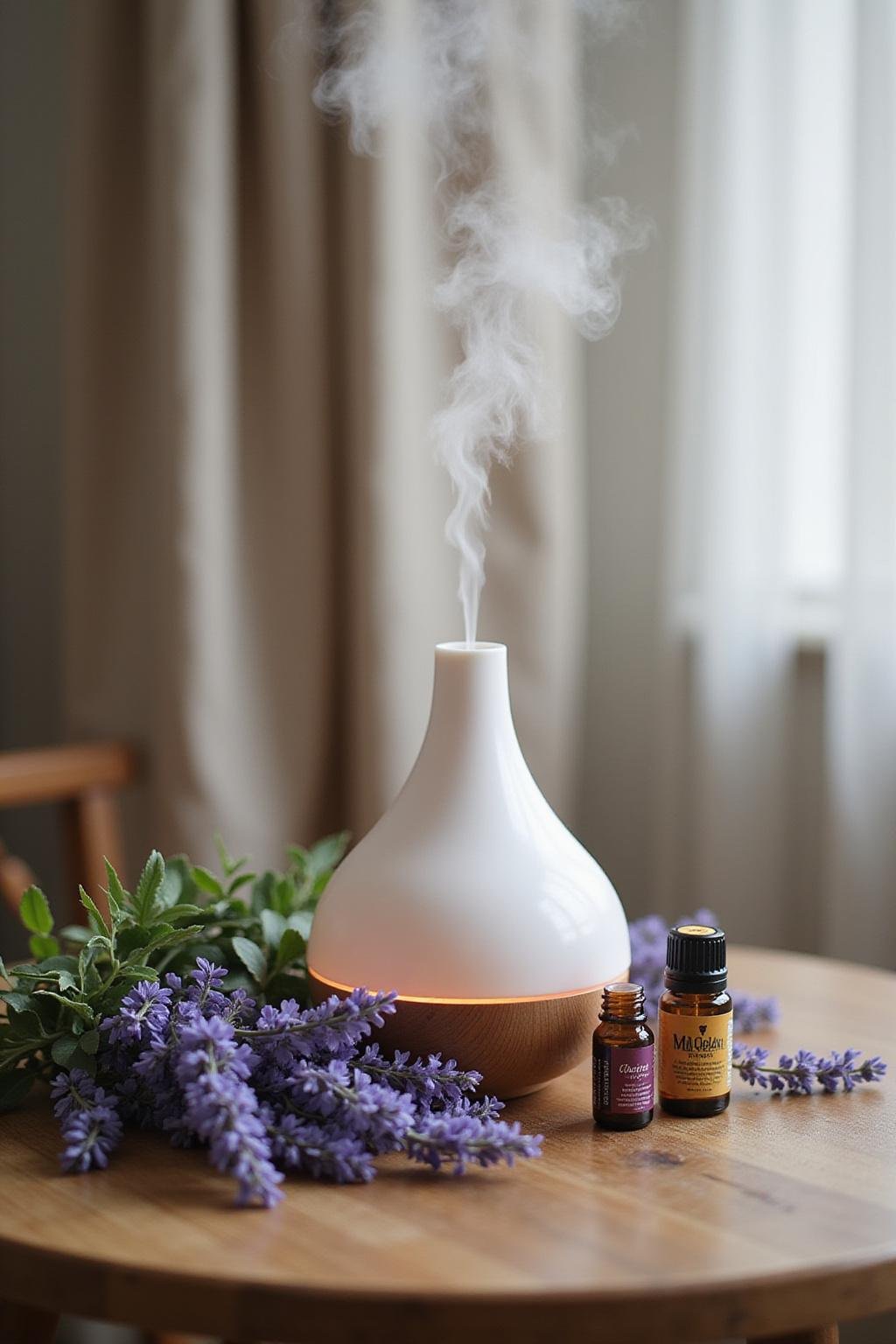 Diffuseur avec brume et huiles essentielles aux fleurs de lavande, parfait pour la détente et la relaxation