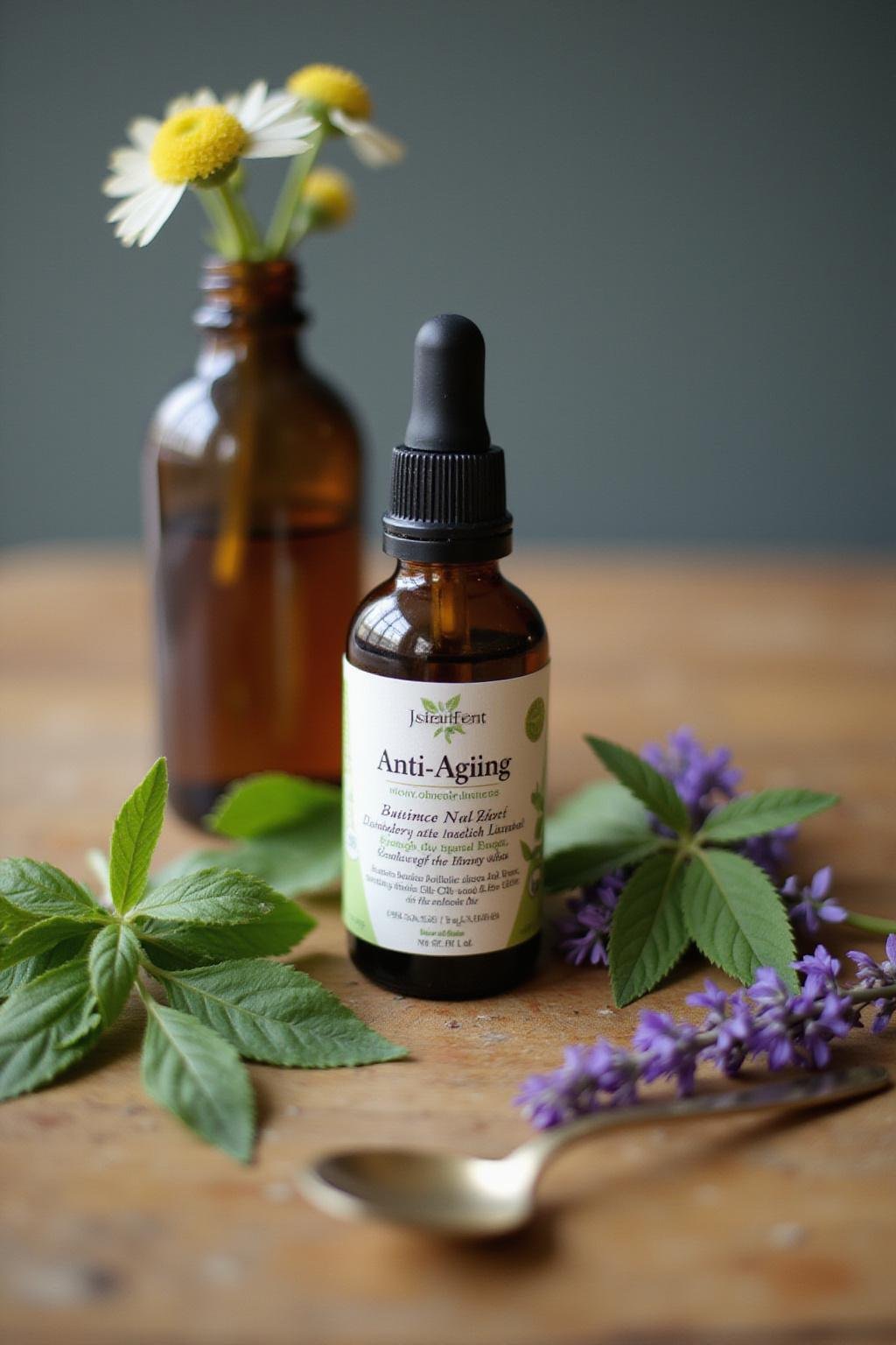 Gros plan d'un flacon en verre de roll-on contenant un mélange d'huiles essentielles anti-âge, entouré de plantes et de fleurs.