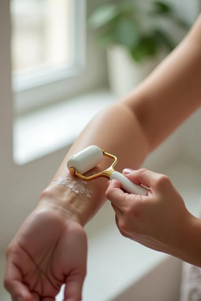 Personne utilisant un roller d'huile de magnésium pour apaiser et détendre les muscles