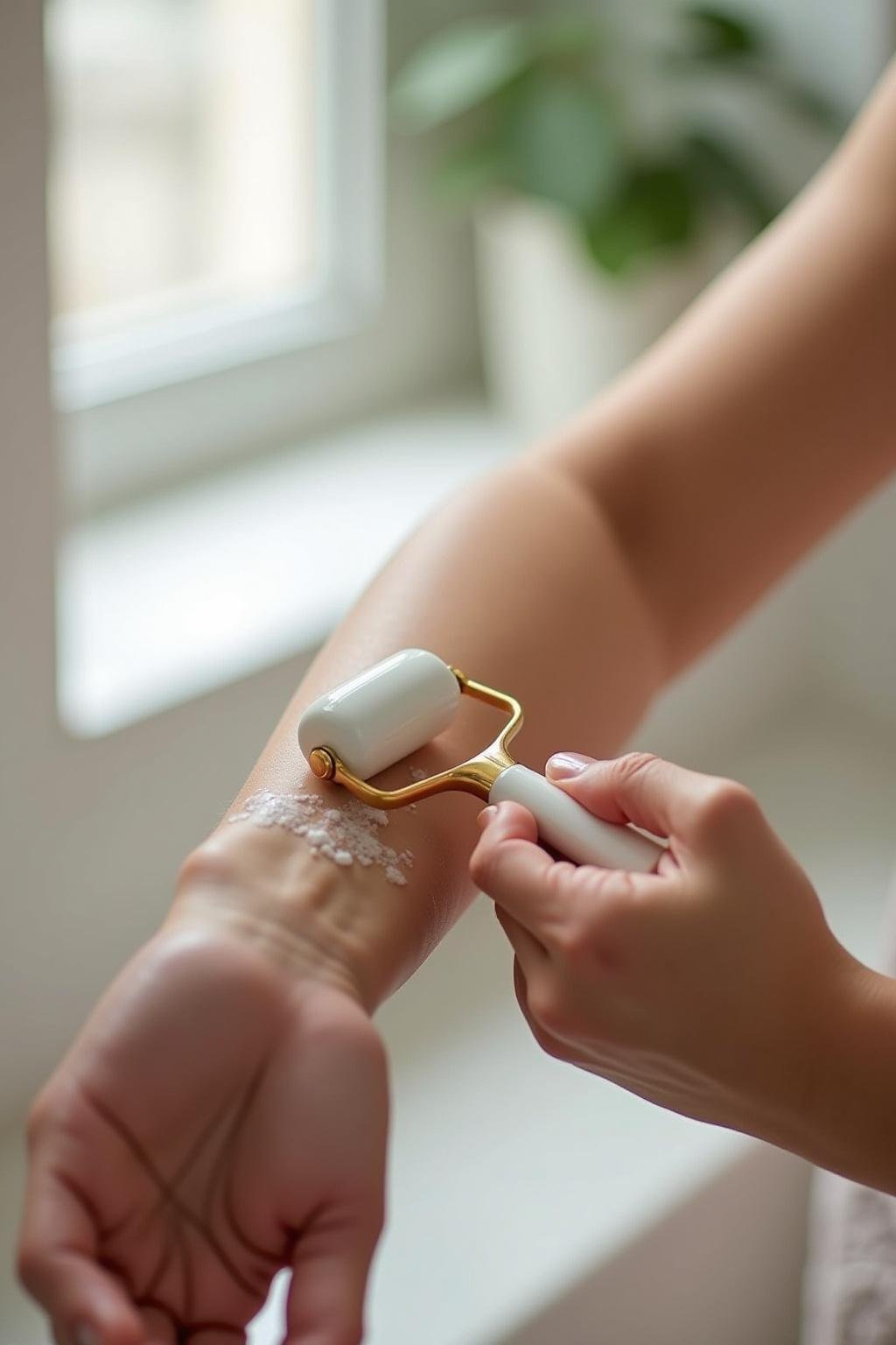 Personne utilisant un roller d'huile de magnésium pour apaiser et détendre les muscles