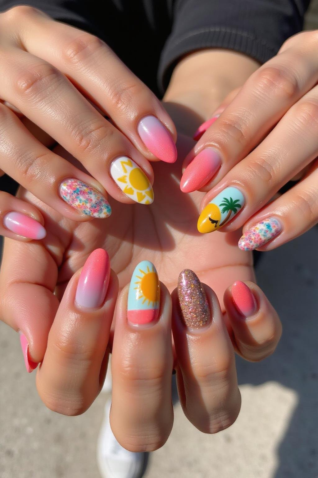 Gros plan sur des ongles en forme d'amande, dégradés et colorés avec des motifs estivaux