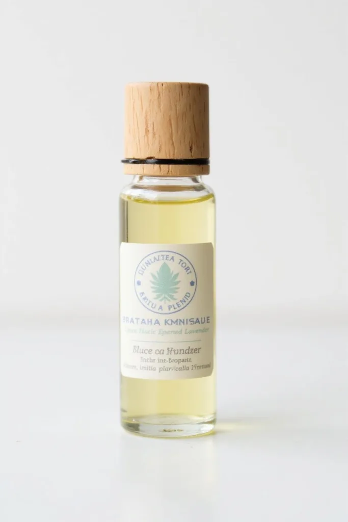 Mélange en roll-on pour soulagement des allergies DIY dans une bouteille en verre avec huiles essentielles et un rouleau en bois sur fond blanc
