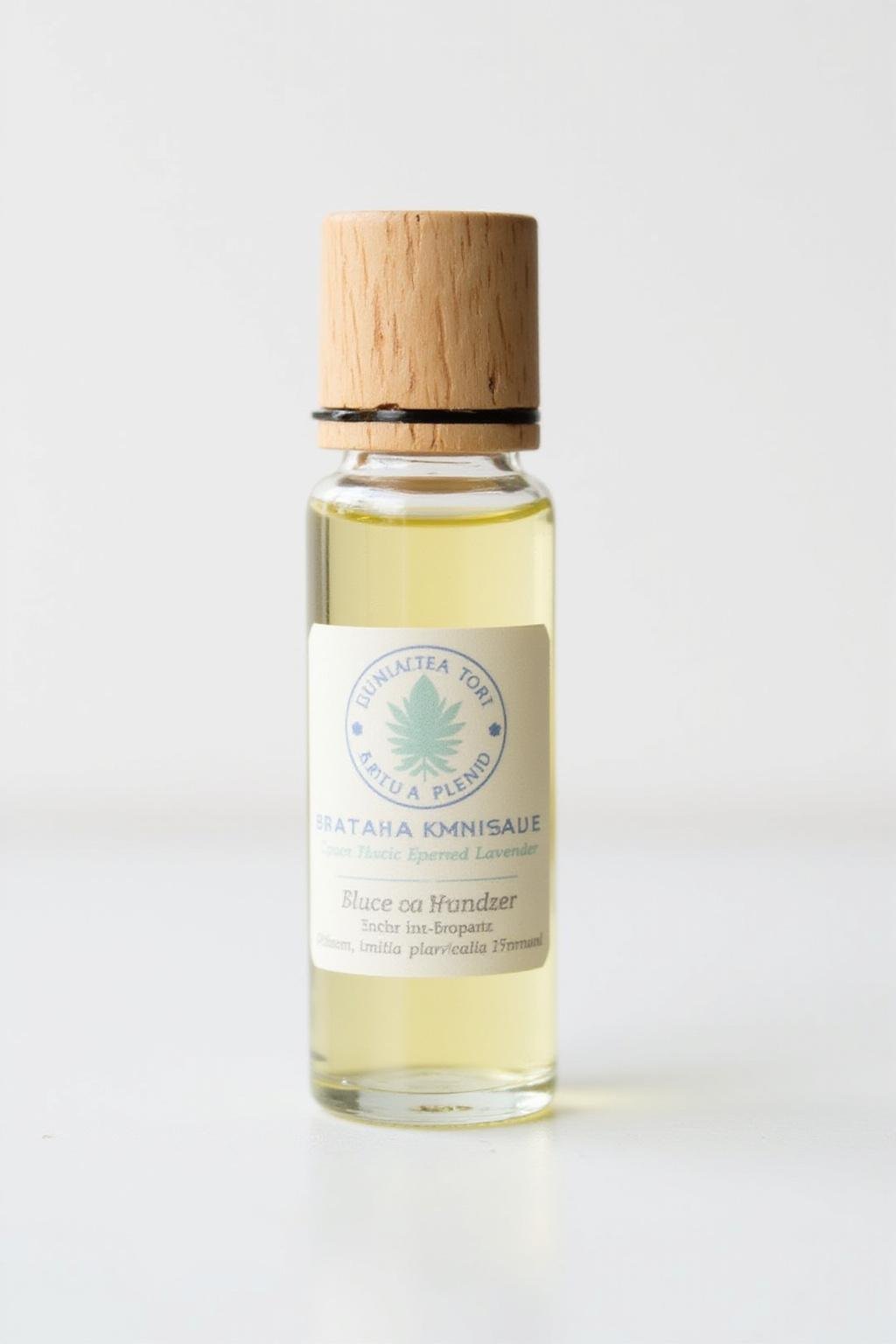 Mélange en roll-on pour soulagement des allergies DIY dans une bouteille en verre avec huiles essentielles et un rouleau en bois sur fond blanc