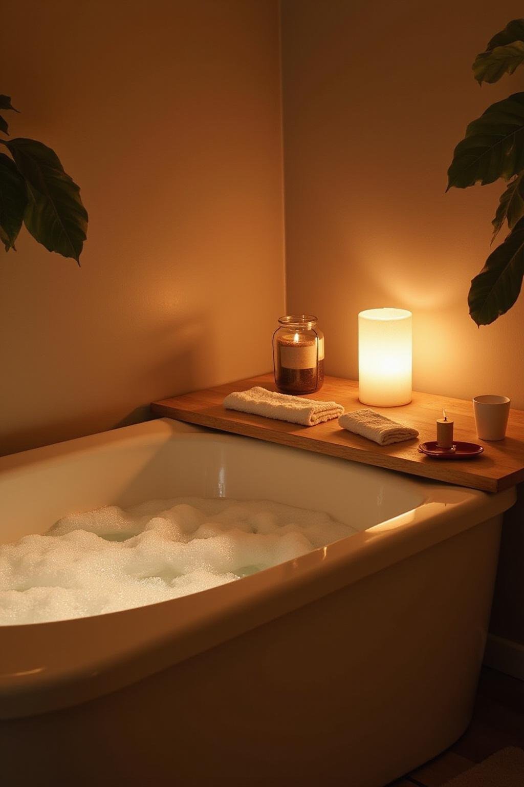 Salle de bain relaxante avec une baignoire remplie de mousse, des bougies et une ambiance apaisante pour un bain moussant DIY