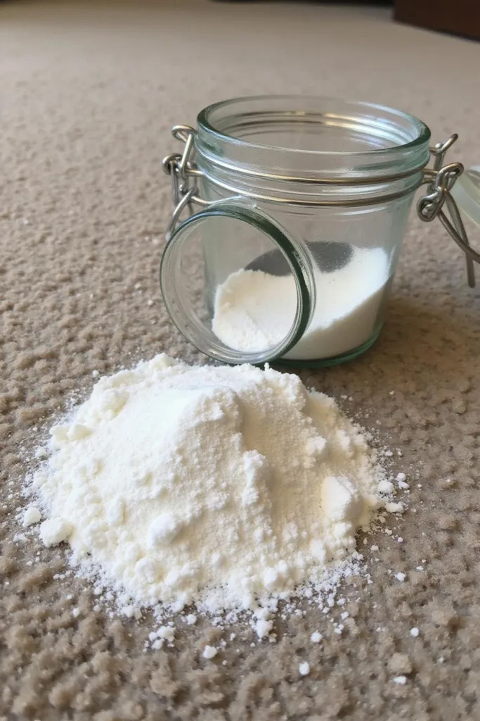 Gros plan sur une poudre déodorante DIY pour moquette dans un pot en verre avec une cuillère, sur une surface en bois