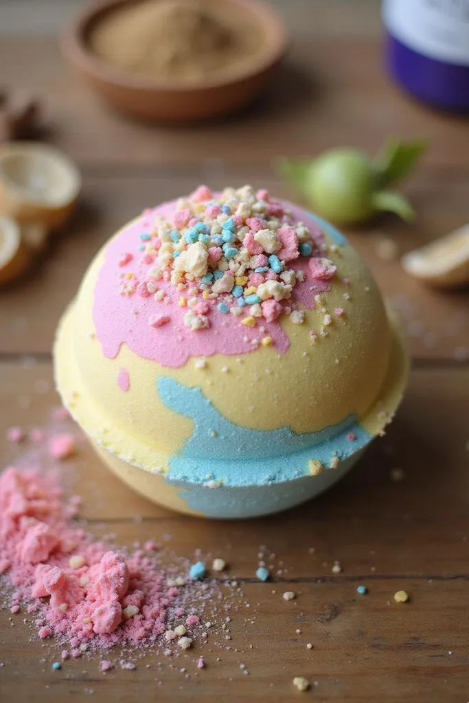 Bombe de bain colorée faite maison posée sur une surface en bois avec des fleurs séchées et des huiles essentielles autour