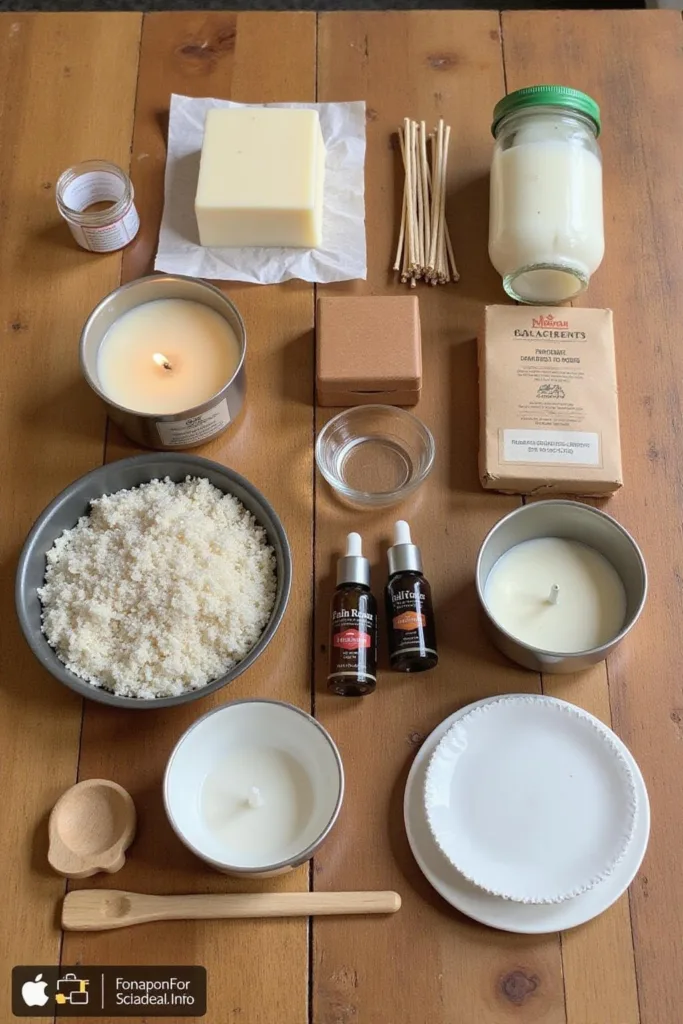 Matériel pour une recette facile de bougie DIY, comprenant cire, mèches, fragrances et contenants disposés sur une table en bois