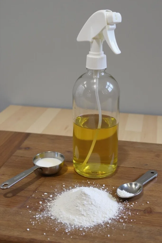 Brume d'huile de magnésium faite maison dans une bouteille en verre avec des flocons de magnésium et une cuillère à mesurer sur une table en bois