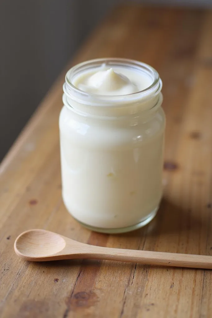 Gros plan sur un pot de crème pour cuticules maison avec une spatule en bois, posé sur une surface en bois, illustrant des produits de soin naturels