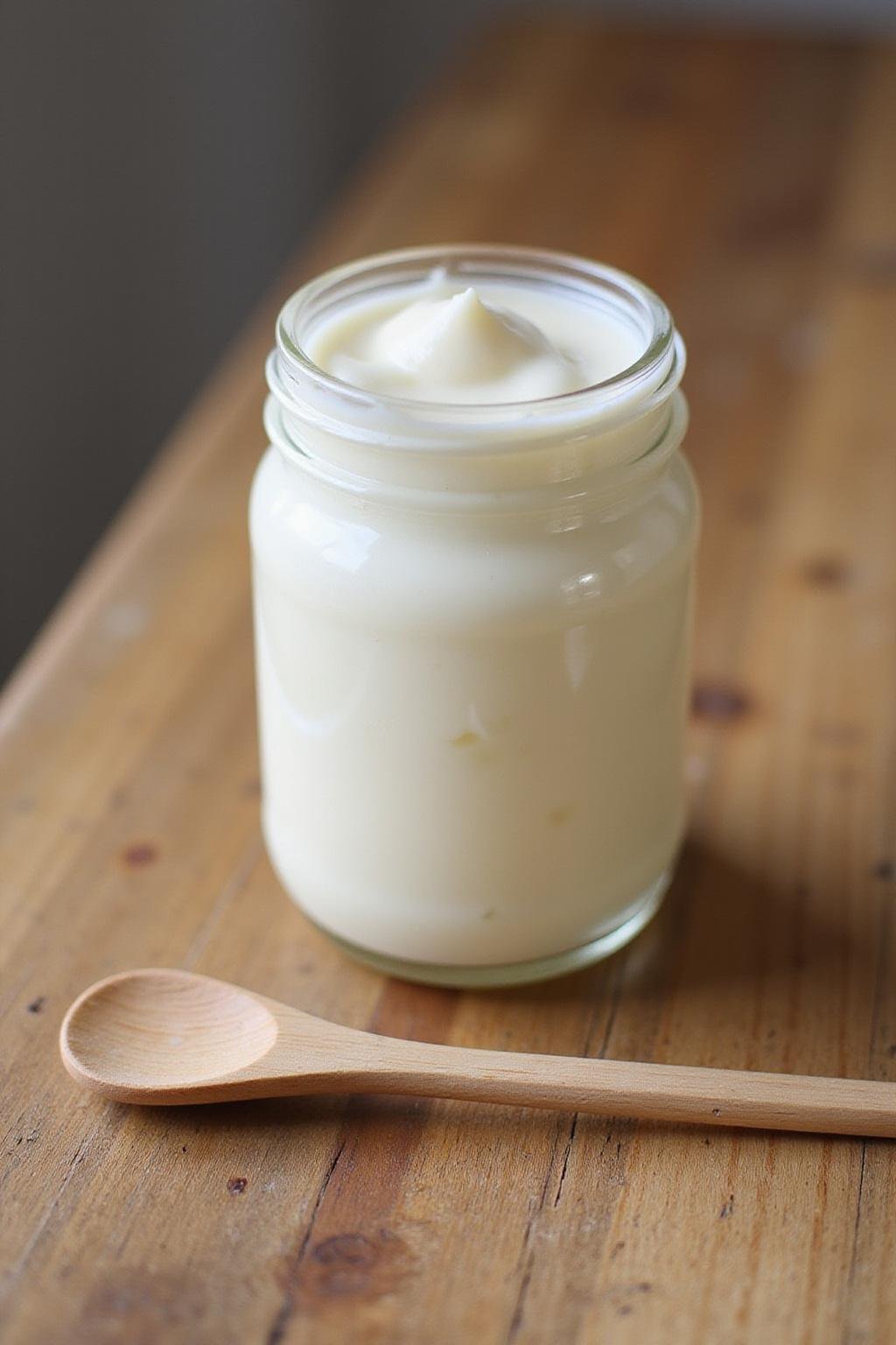 Gros plan sur un pot de crème pour cuticules maison avec une spatule en bois, posé sur une surface en bois, illustrant des produits de soin naturels
