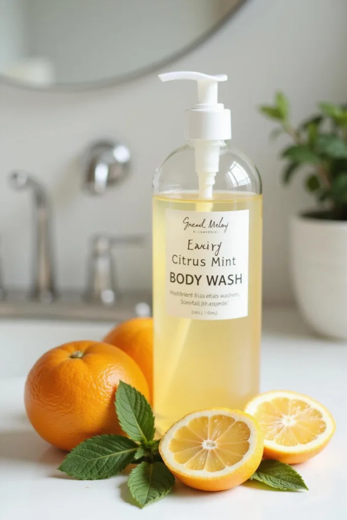 Gel douche citron menthe fait main dans un flacon pompe, avec des tranches de citron et des feuilles de menthe fraîche posés sur un comptoir de salle de bain