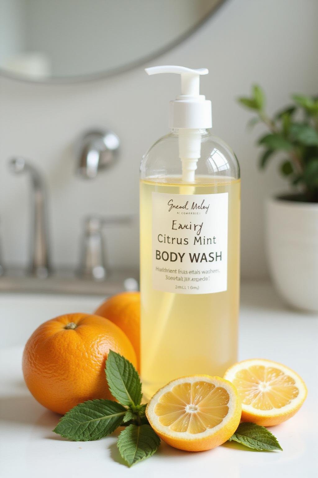 Gel douche citron menthe fait main dans un flacon pompe, avec des tranches de citron et des feuilles de menthe fraîche posés sur un comptoir de salle de bain