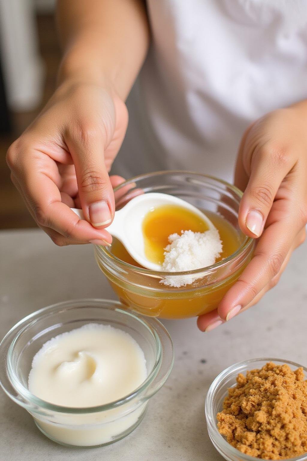 Mains préparant un gommage pour lèvres fait maison avec miel, sucre et huile de coco dans un petit bol, idéal pour un soin beauté DIY.