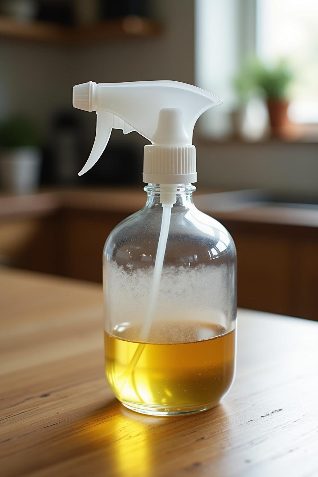 Spray de magnésium maison dans un flacon en verre sur un plan de travail en bois, parfait pour des soins de bien-être faits maison.