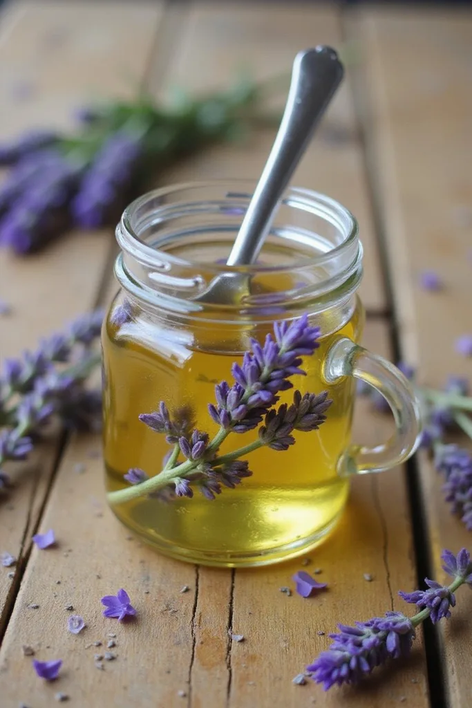 Huile corporelle maison infusée à la lavande dans un pot en verre, illustrant un produit de soin naturel