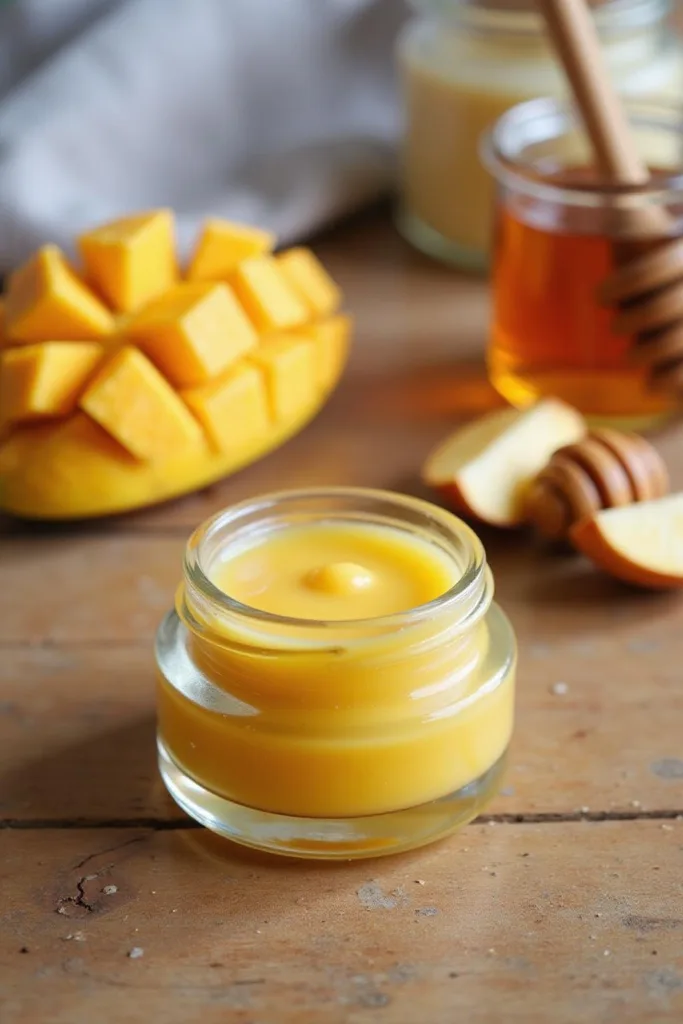 Baume à lèvres saveur mangue et miel fait maison dans un pot en verre, entouré de morceaux de mangue et de miel sur une surface en bois