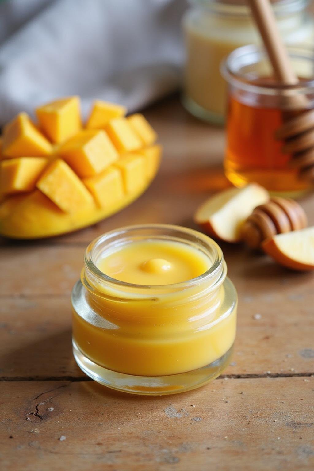 Baume à lèvres saveur mangue et miel fait maison dans un pot en verre, entouré de morceaux de mangue et de miel sur une surface en bois