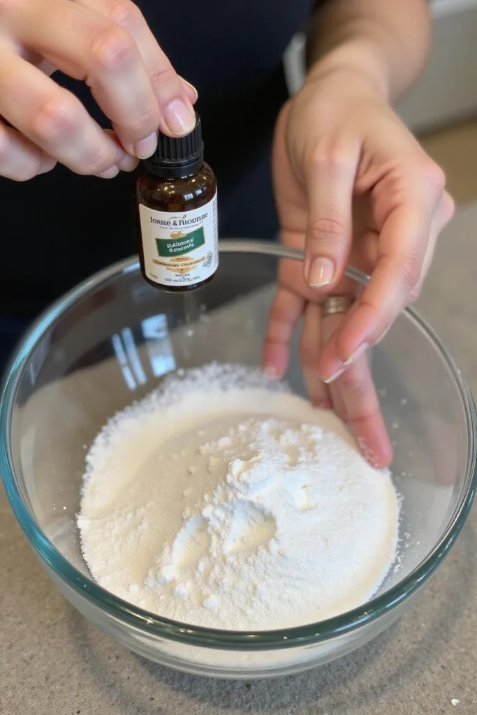 Quelqu’un préparant un désodorisant pour moquette fait maison en mélangeant du bicarbonate de soude et des huiles essentielles dans un bol