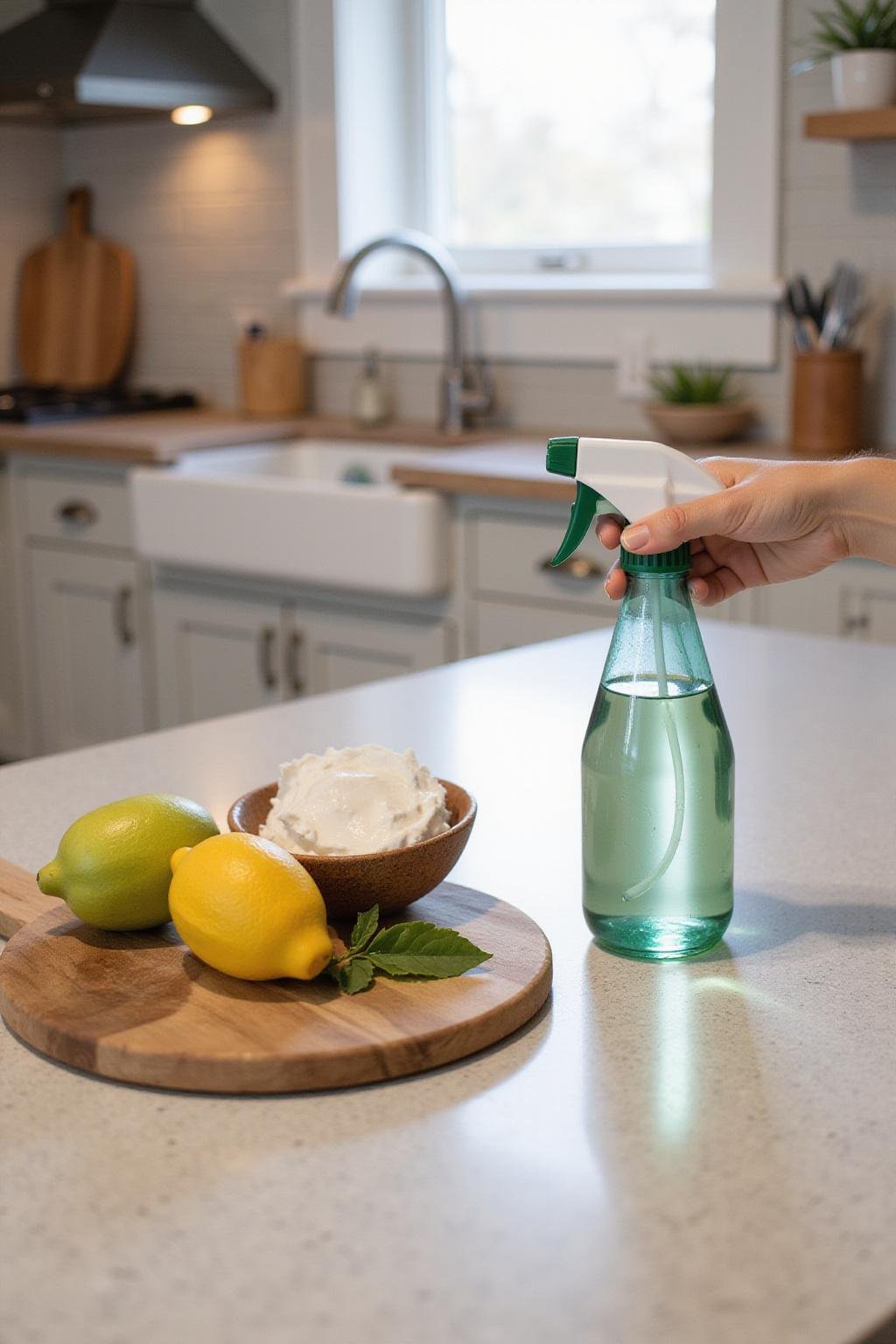 Gros plan d'une main mélangeant une solution de nettoyant verre maison dans un flacon spray transparent sur un comptoir de cuisine
