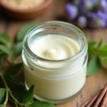 Crème maison naturelle pour soulager les piqûres d'insectes, dans un pot avec des plantes et des herbes sur une table en bois