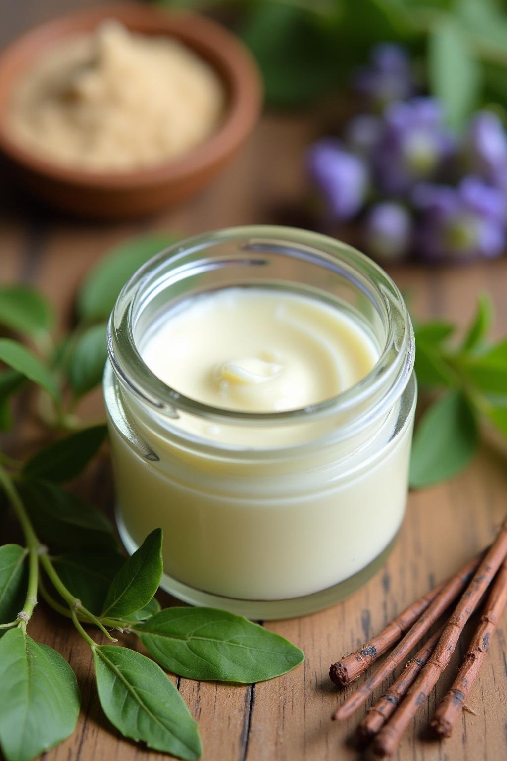 Crème maison naturelle pour soulager les piqûres d'insectes, dans un pot avec des plantes et des herbes sur une table en bois