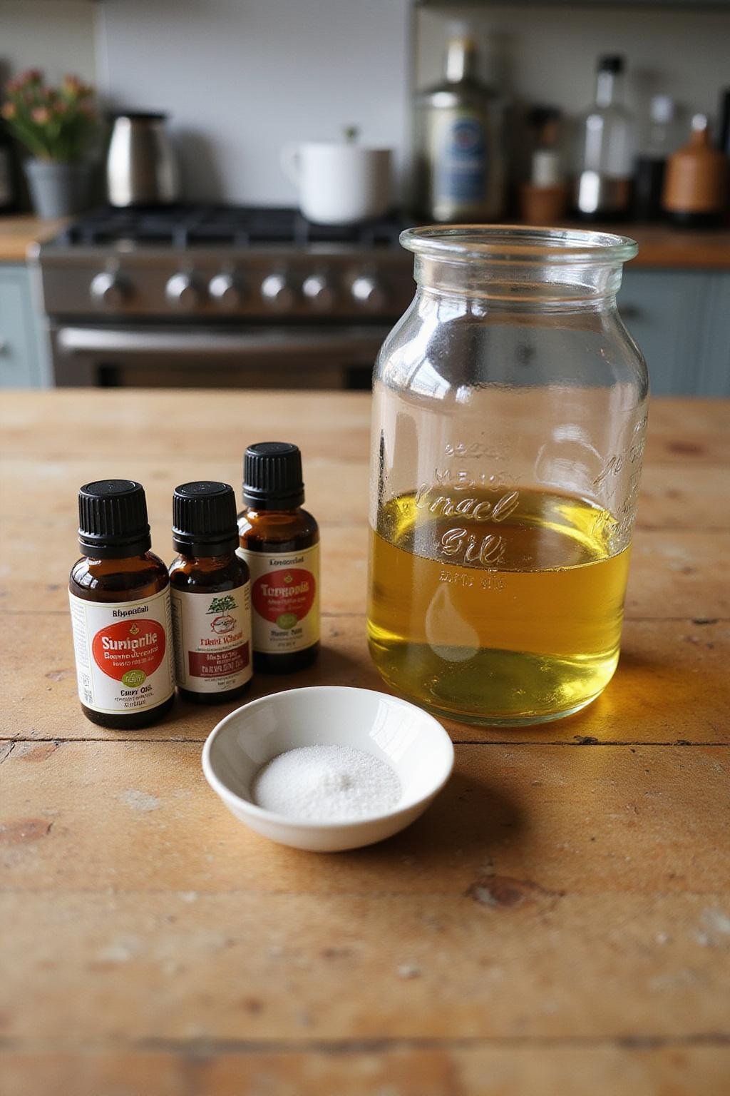 Ingrédients pour une recette d'huile de massage DIY disposés sur une table en bois, comprenant huiles essentielles, huiles végétales et un flacon en verre.