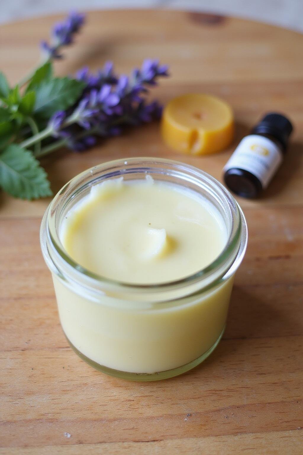 Baume maison pour soulager les maux de tête dans un pot en verre avec lavande, menthe poivrée et cire d'abeille sur une surface en bois