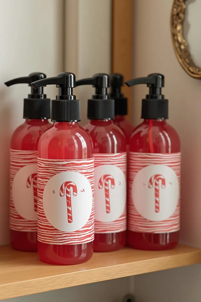 Bouteilles de gel douche parfumé à la canne de candy avec rayures rouges et blanches, présentées sur une étagère de salle de bain pour une ambiance festive
