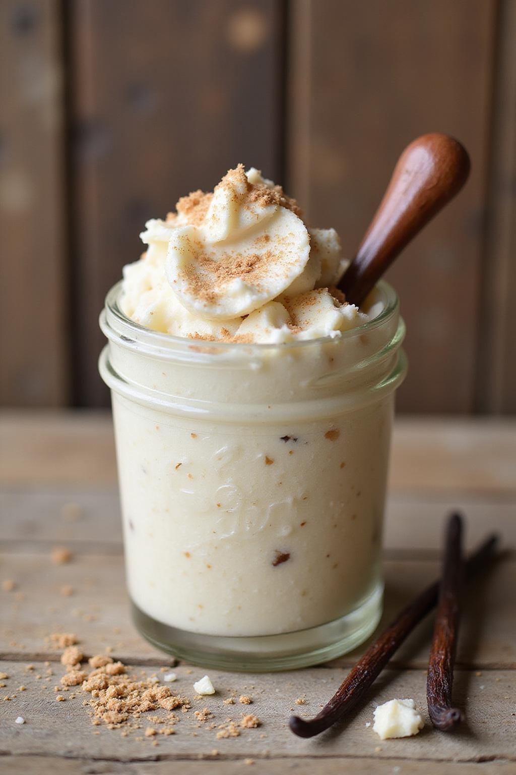 Gros plan sur un gommage sucre à la vanille et à la noix de coco dans un pot en verre, décoré de gousses de vanille et de noix de coco râpée