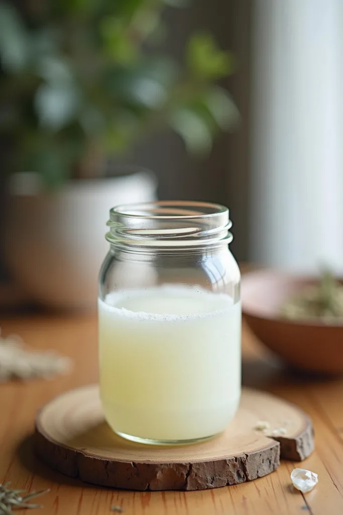 Gros plan sur une lotion au magnésium maison dans un pot en verre, accompagnée d'herbes et d'huiles naturelles sur une surface en bois