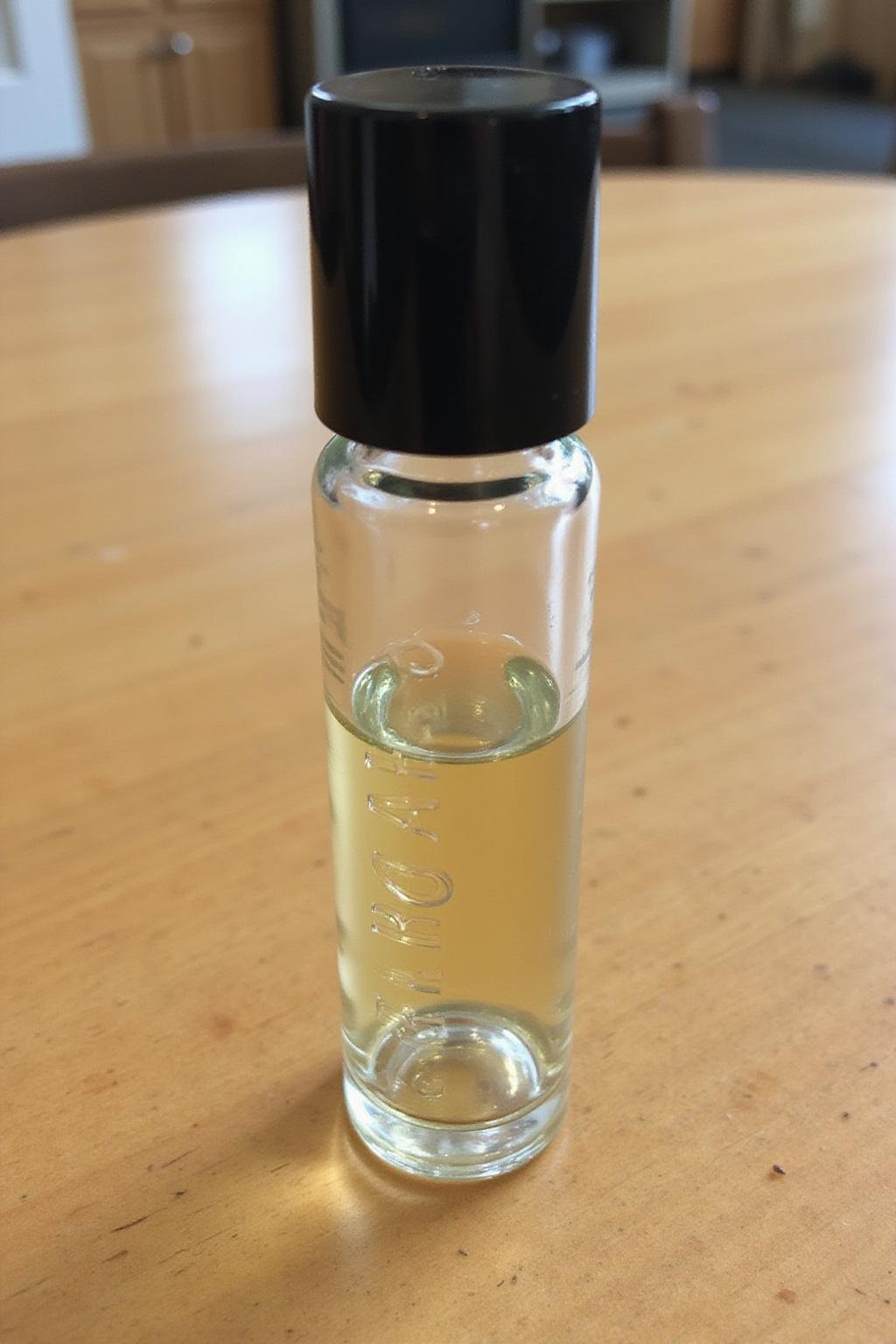 Recette DIY de roll-on anti-allergies à base d'huiles essentielles posée sur une surface en bois