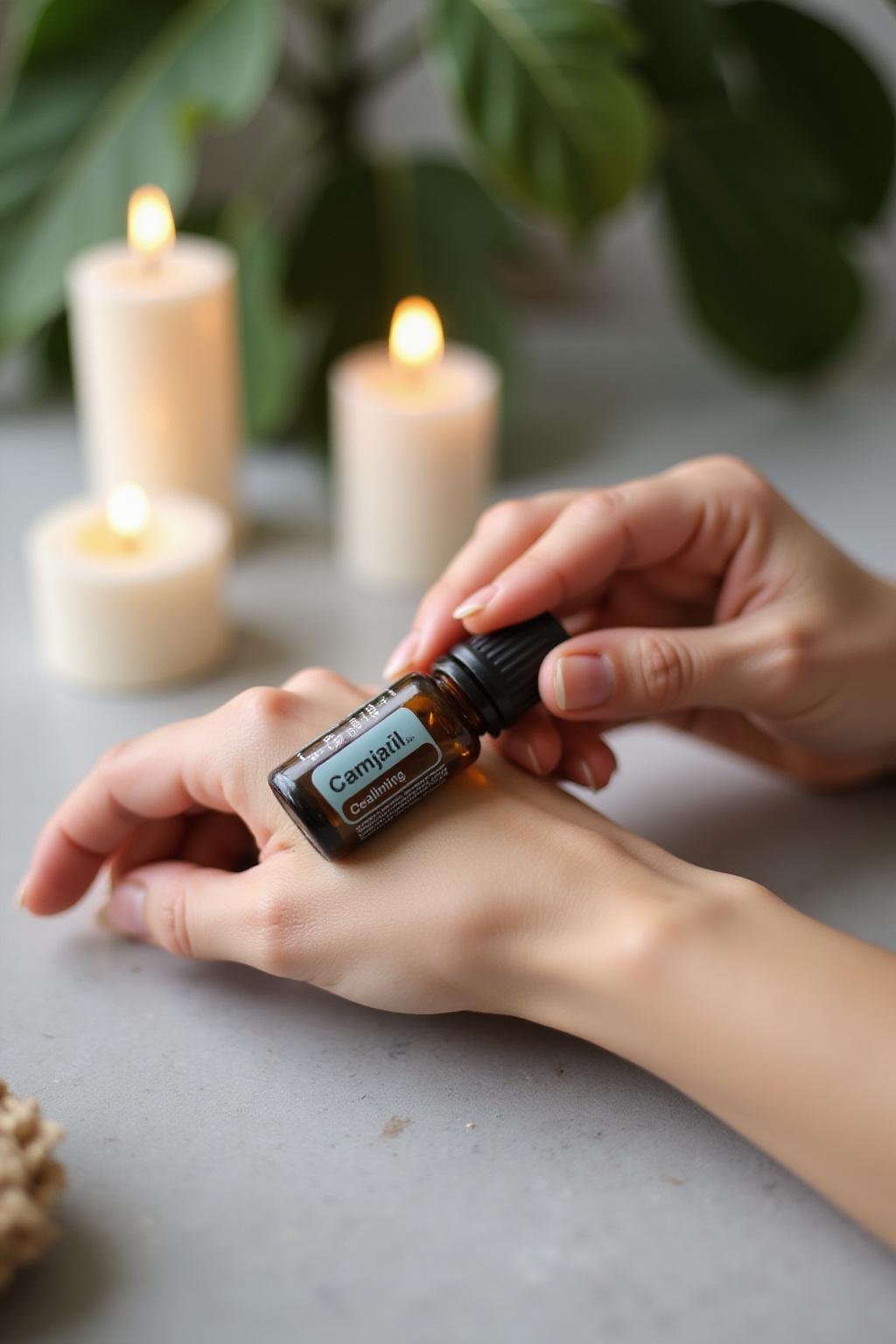 Personne appliquant un roll-on aux huiles essentielles pour réduire le stress sur le poignet