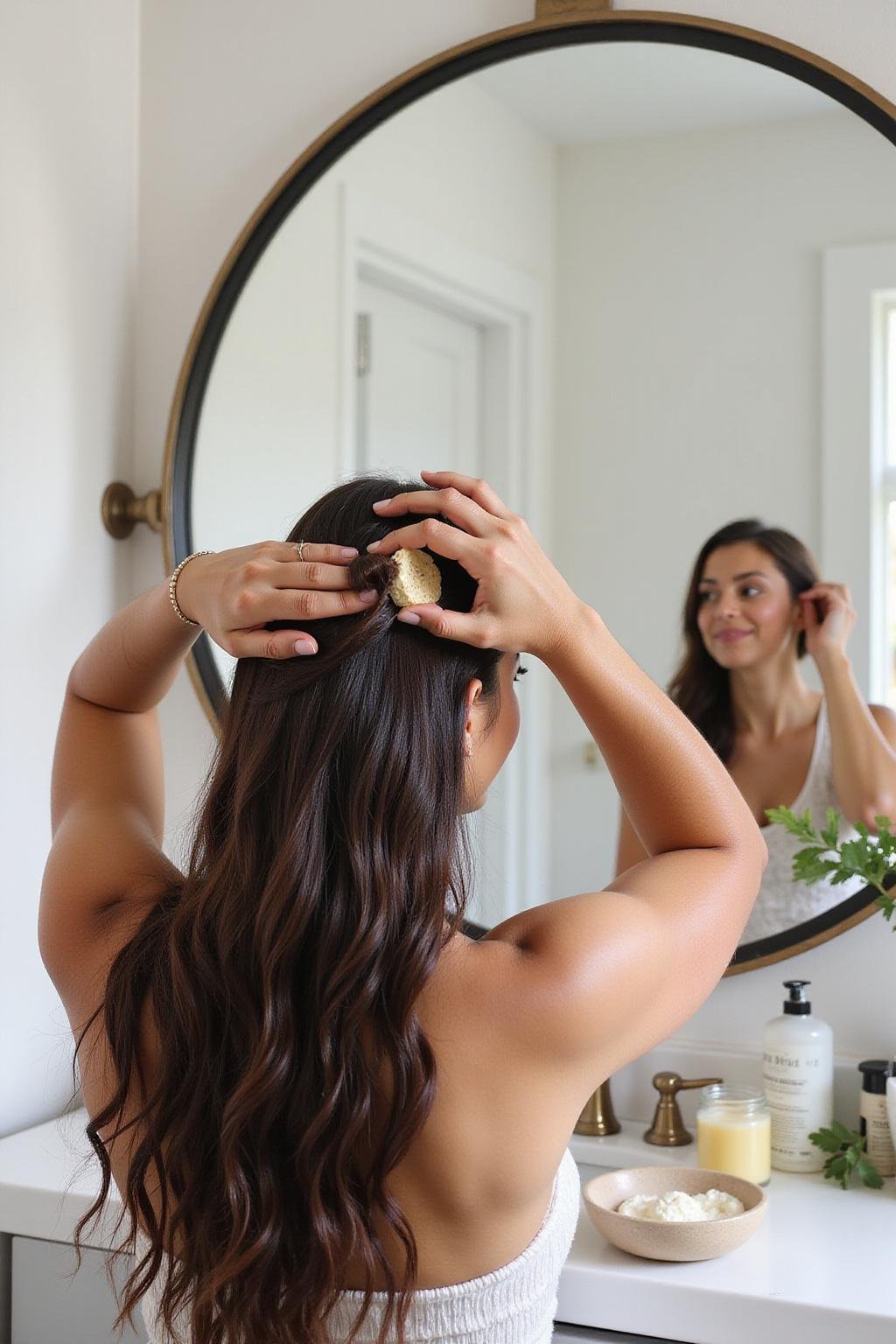 Femme appliquant un scrub naturel fait maison sur son cuir chevelu pour une croissance capillaire saine