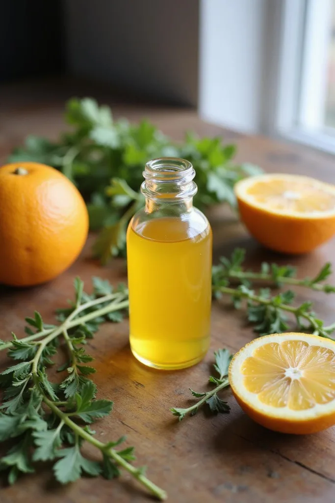 Une bouteille en verre contenant un mélange d'huiles essentielles jaunes avec des herbes et des tranches d'agrumes posée sur une surface en bois