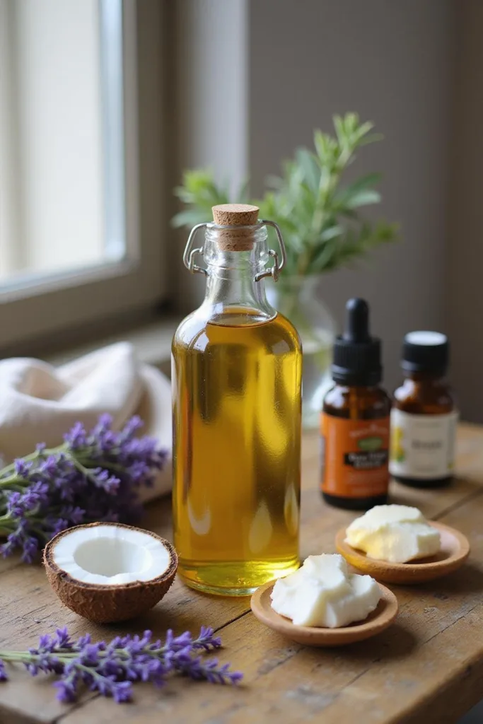 Huile corporelle maison dans une bouteille en verre avec huile de coco, lavande et huiles essentielles sur une table en bois pour une peau éclatante