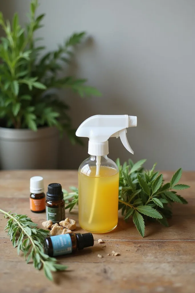 Spray anti-insectes fait maison dans un flacon en verre avec des huiles essentielles, posé sur une surface en bois