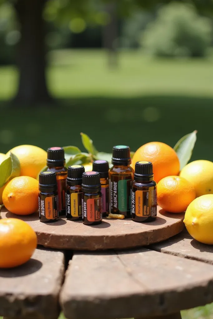 Scène estivale en plein air avec des bouteilles d'huiles essentielles colorées et des agrumes frais pour des recettes d'été revitalisantes
