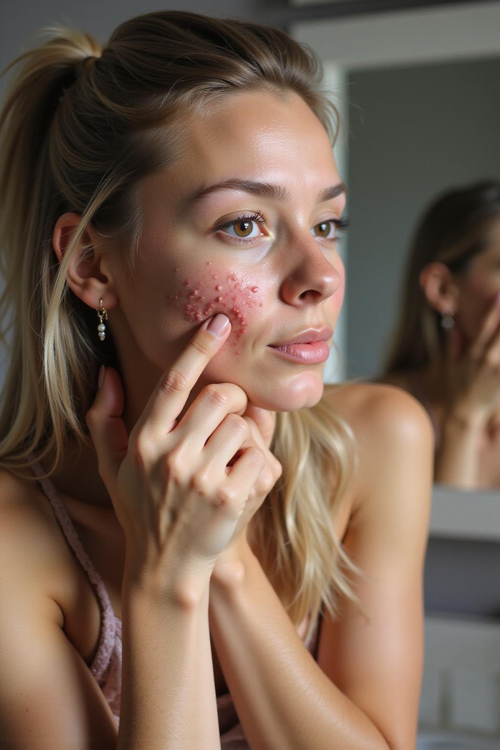 Femme utilisant un remède DIY contre l'acné sur son visage dans une pièce bien éclairée